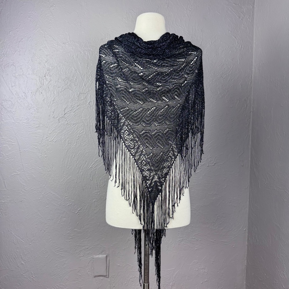 Vintage 70s 80s Black & Silver Fringe shawl Stevie Nicks Whimsy goth 80s goth